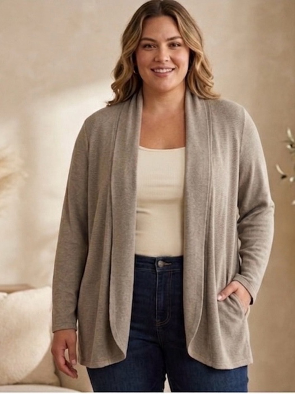LYN Tan Open-Front Knit Long Sleeve Cozy Sweater Layer Size 2x